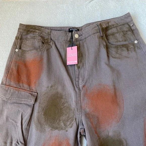 Pretty Little Thing Wide Leg Cargo Jeans Women Size 14 Brown Grunge Baggy NWT - Picture 3 of 8